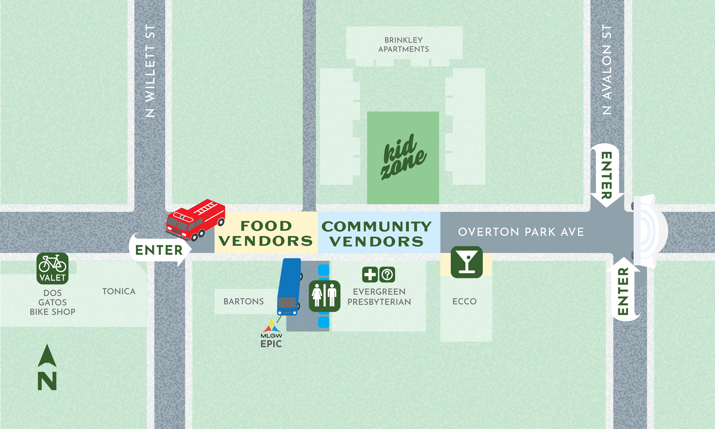 Map of the event area on Overton Park Avenue between Willet and Avalon